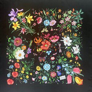 Gucci Scarf Flora Print Logo Black Multicolor Silk Wrap